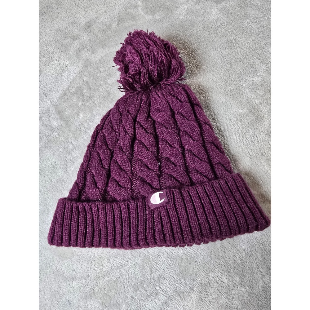 Champion Purple Knit Beanie Hat Women OSFA Winter Pom Pom Cable Knit